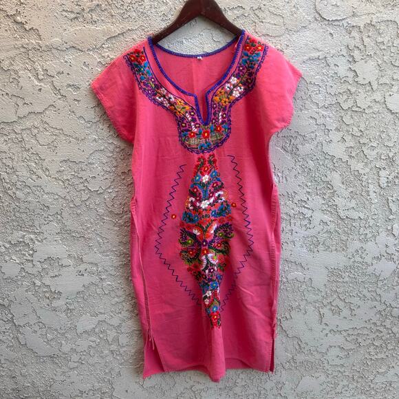 Vintage Embroidered Boho Caftan Dress Pink Ethnic Festival Tunic Size Medium - Picture 1 of 4
